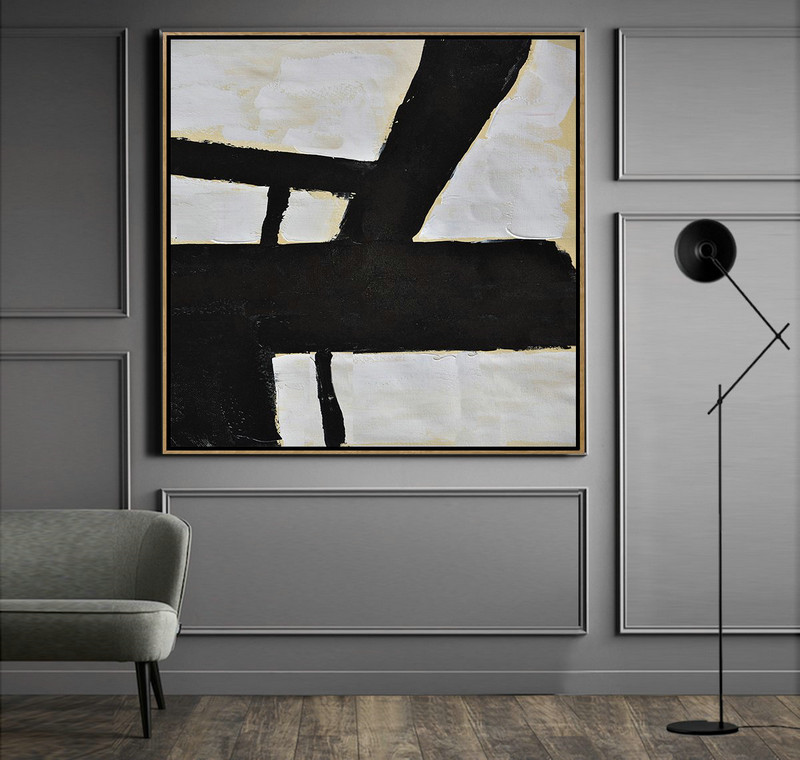Original Abstract Painting Extra Large Canvas Art,Handmade Minimal Art Palette Knife Canvas Painting, Black White Beige - Hand-Painted Canvas Art
